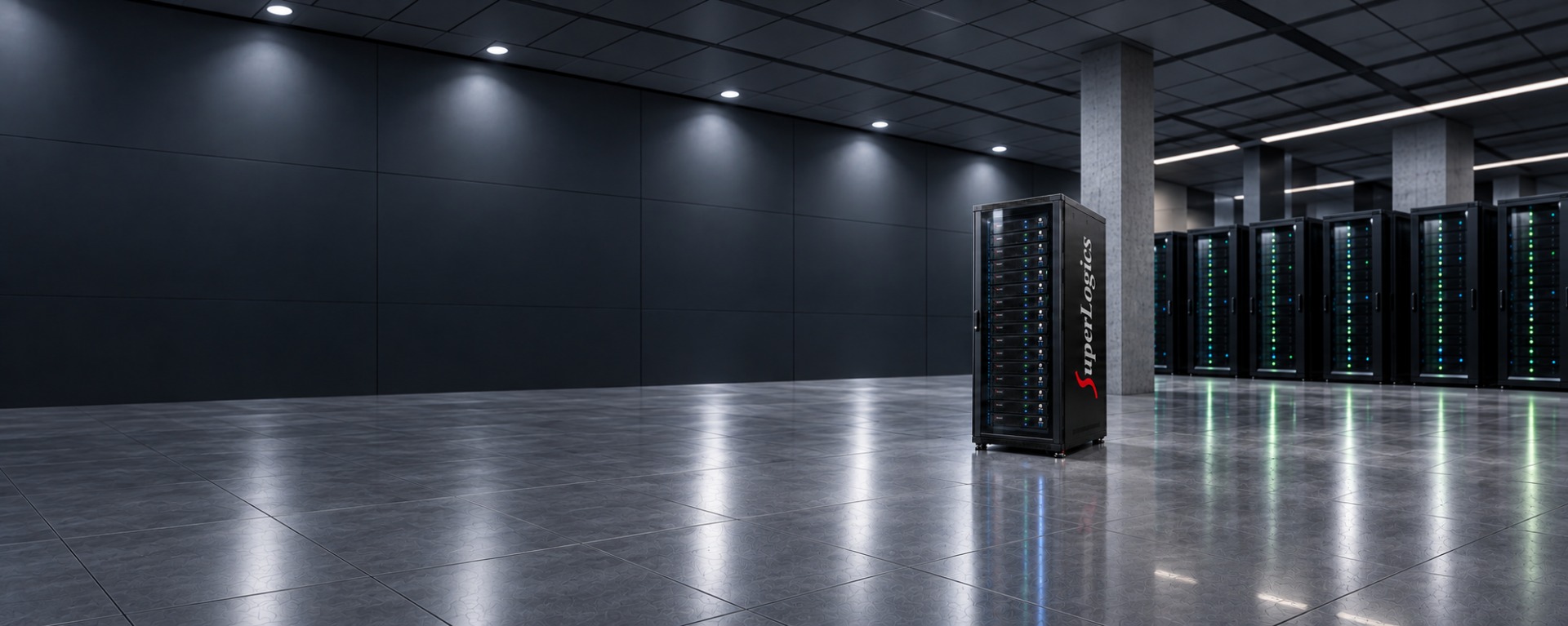 SuperLogics server rack filled with rackmount systems in a data center